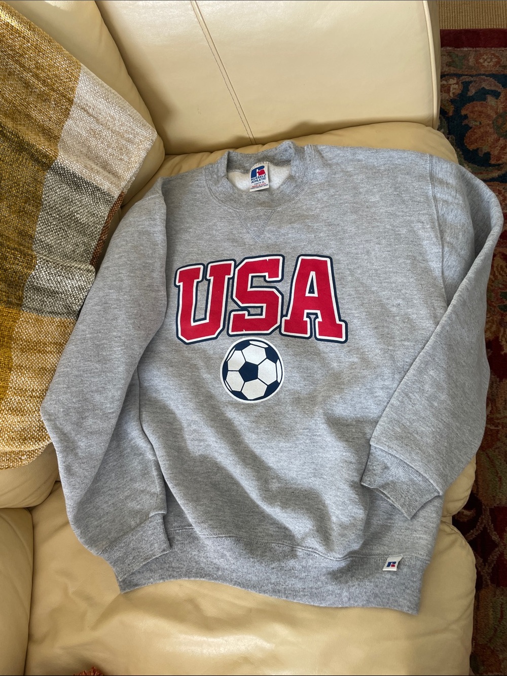 Russell Athletic Gray Crewneck Sweatshirt with Red USA and Navy Soccer Graphic